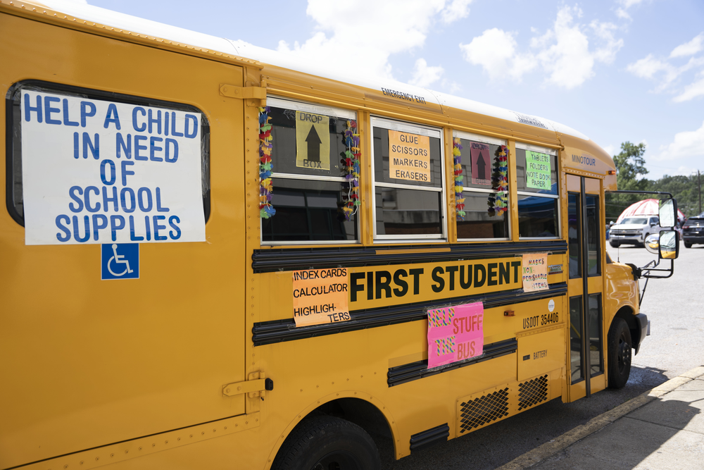 school bus with school supplies